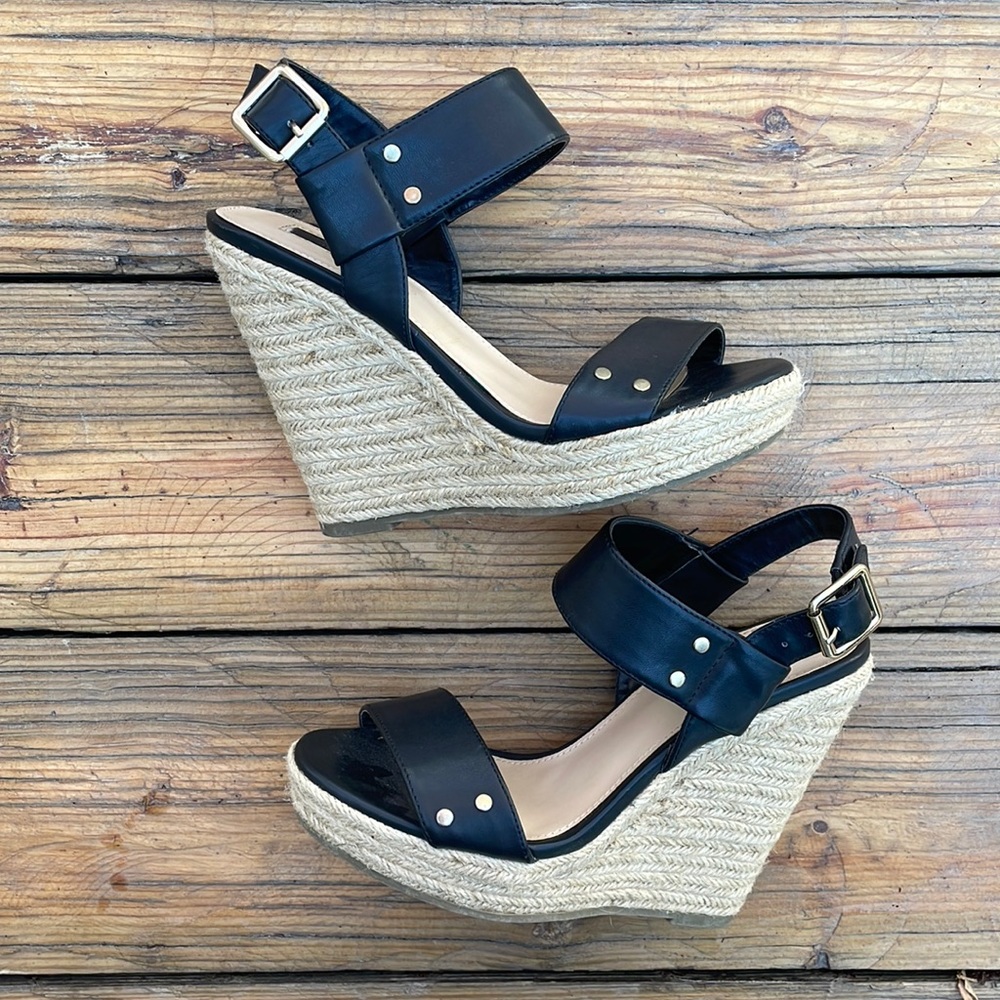 Black Espadrille Wedge Ankle Sandals